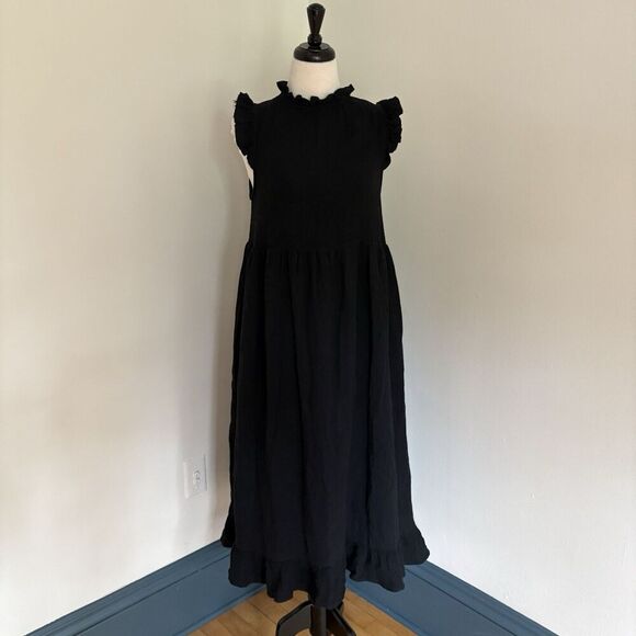 Urban Outfitters Gabby Dress Women’s M Black Ruffle Babydoll Midi Gauzy Pockets - Picture 1 of 14